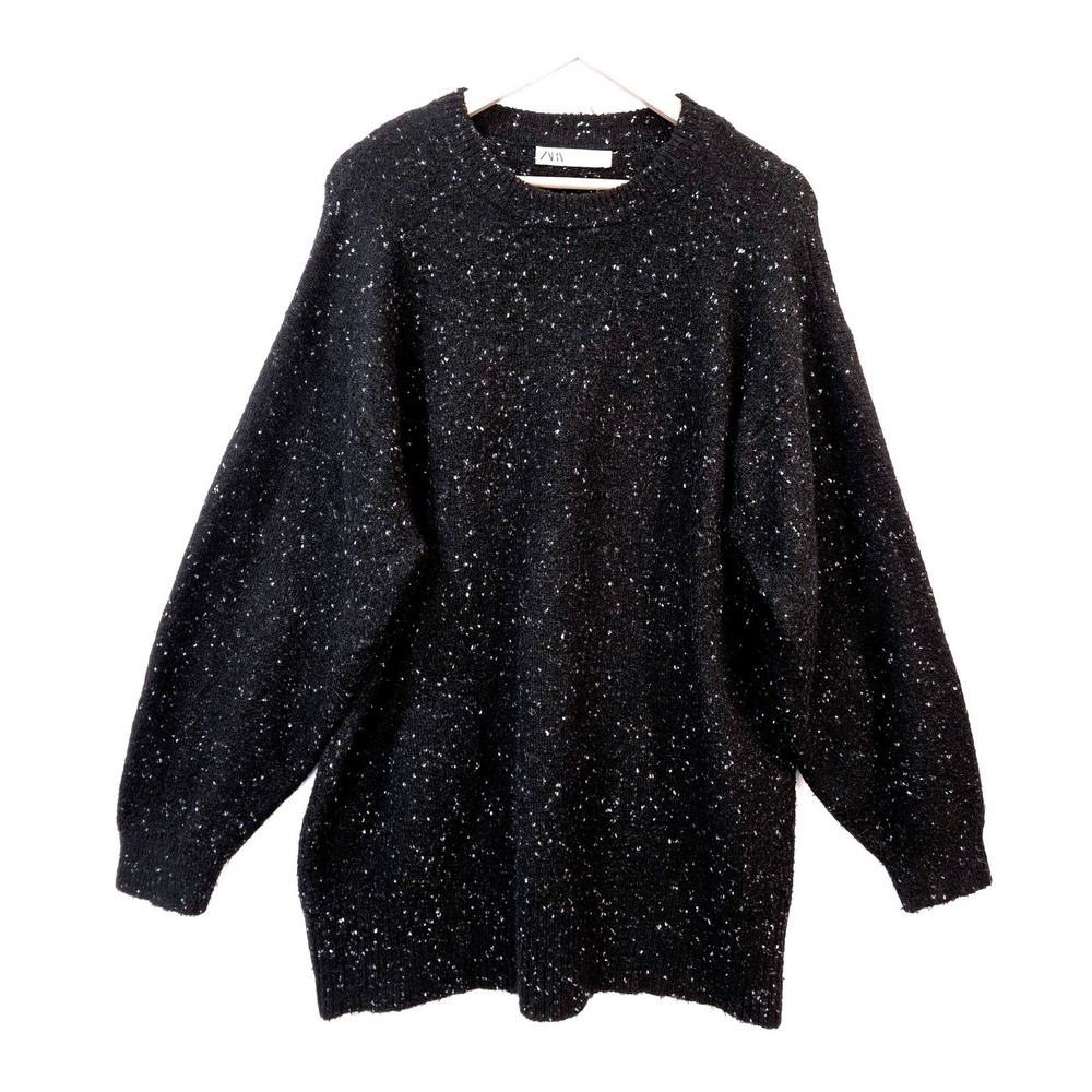 Zara Womens Black Speckled Pullover Sweater S Long‎ Wool Alpaca Oversized Cozy